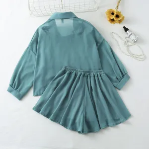 Blue Sheer Shirt And Shorts Co-Ord Set