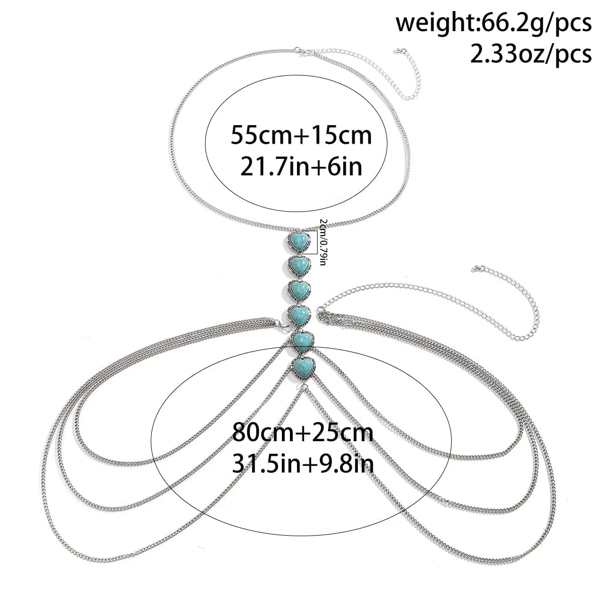 Boho Layered Turquoise Heart Crossover Bikini Body Chain Necklace