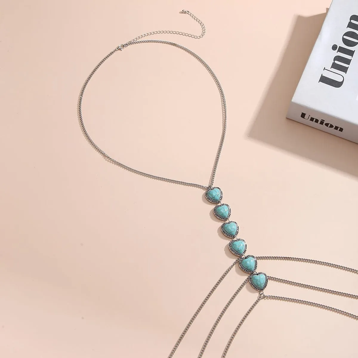 Boho Layered Turquoise Heart Crossover Bikini Body Chain Necklace