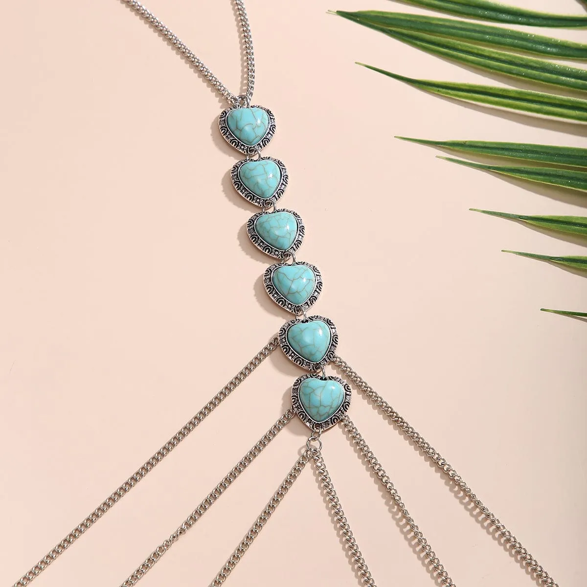 Boho Layered Turquoise Heart Crossover Bikini Body Chain Necklace