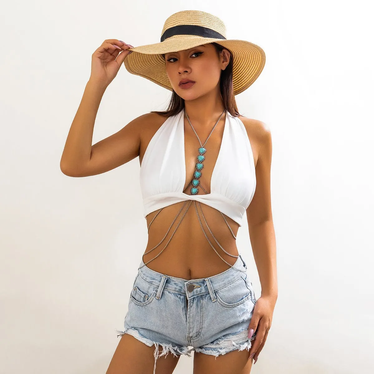 Boho Layered Turquoise Heart Crossover Bikini Body Chain Necklace