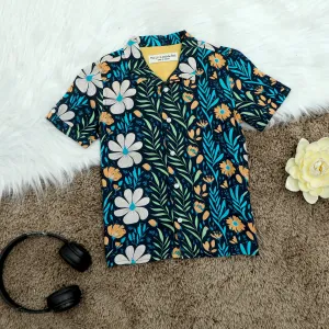 Boys Modern Leaf Print Shirt Space Blue
