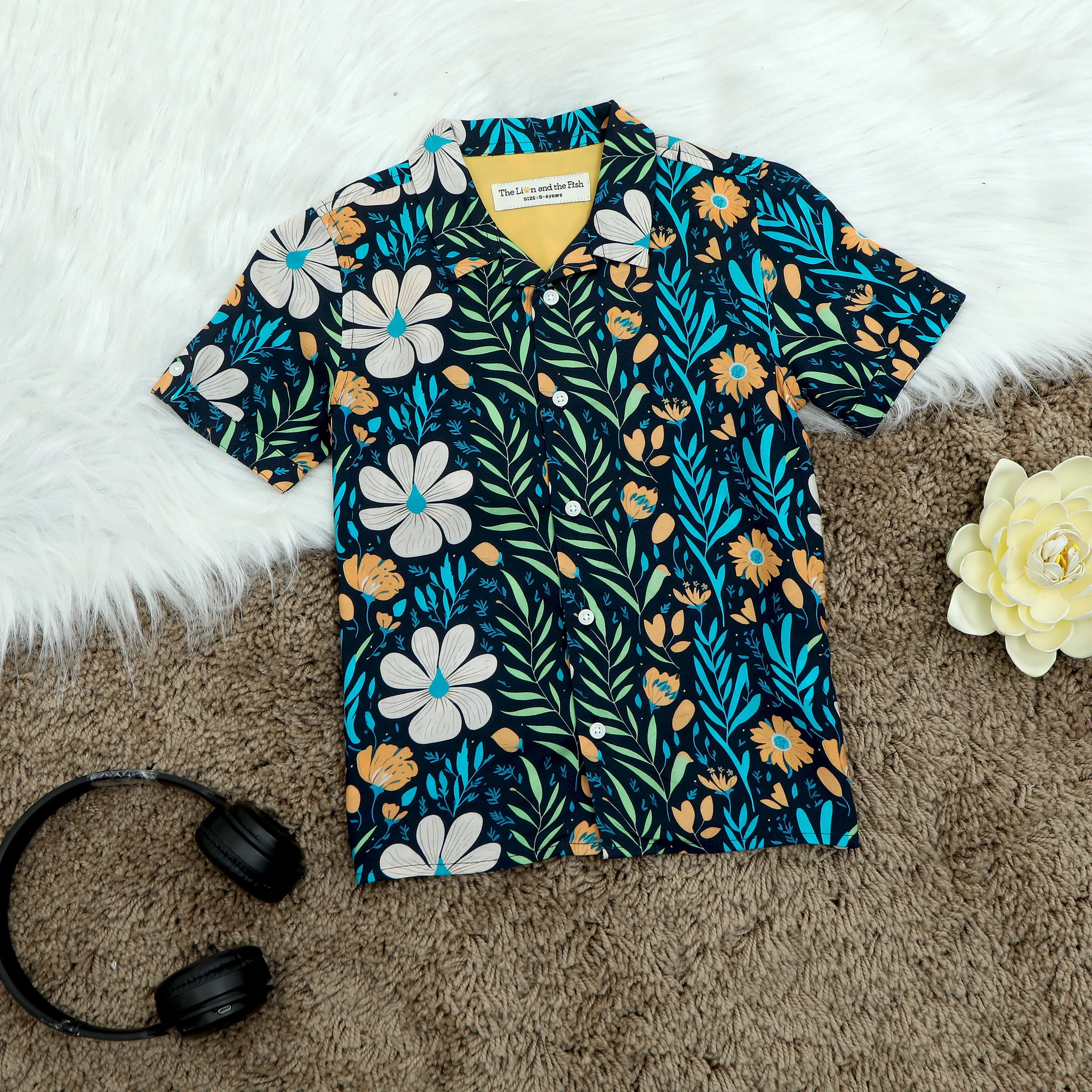 Boys Modern Leaf Print Shirt Space Blue