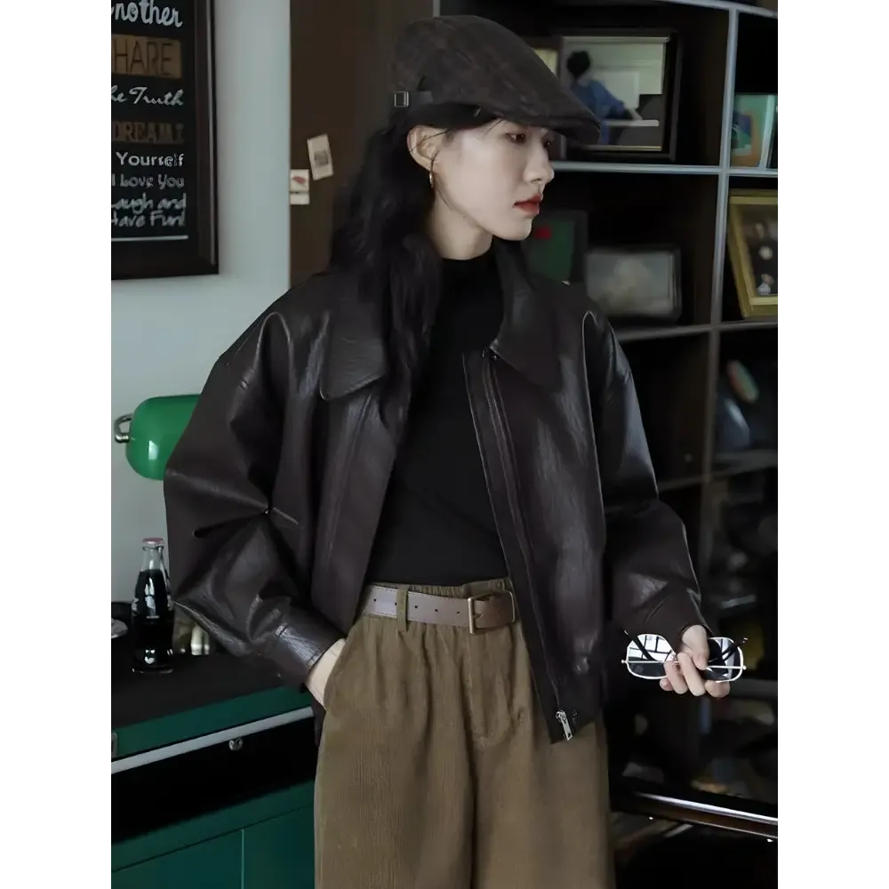 Brown Faux Leather Jacket with Oversized Fit for Y2K Style