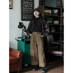 Brown Faux Leather Jacket with Oversized Fit for Y2K Style