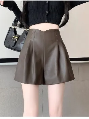 Brown Pleated Pu Shorts