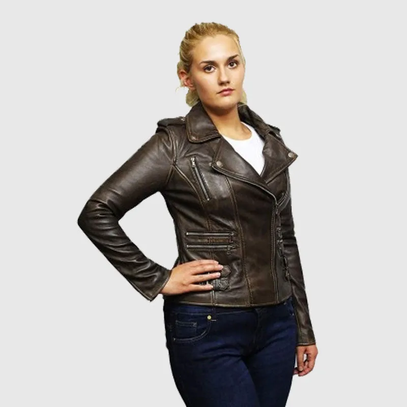 Buy Women's Genuine Fashion Leather Biker Jacket Fitted Brando Vintage Rock