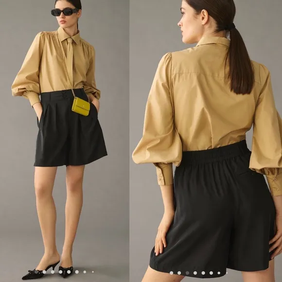 By Anthropologie Women’s Size 8 Medium Black Casual Pleated Long Shorts New