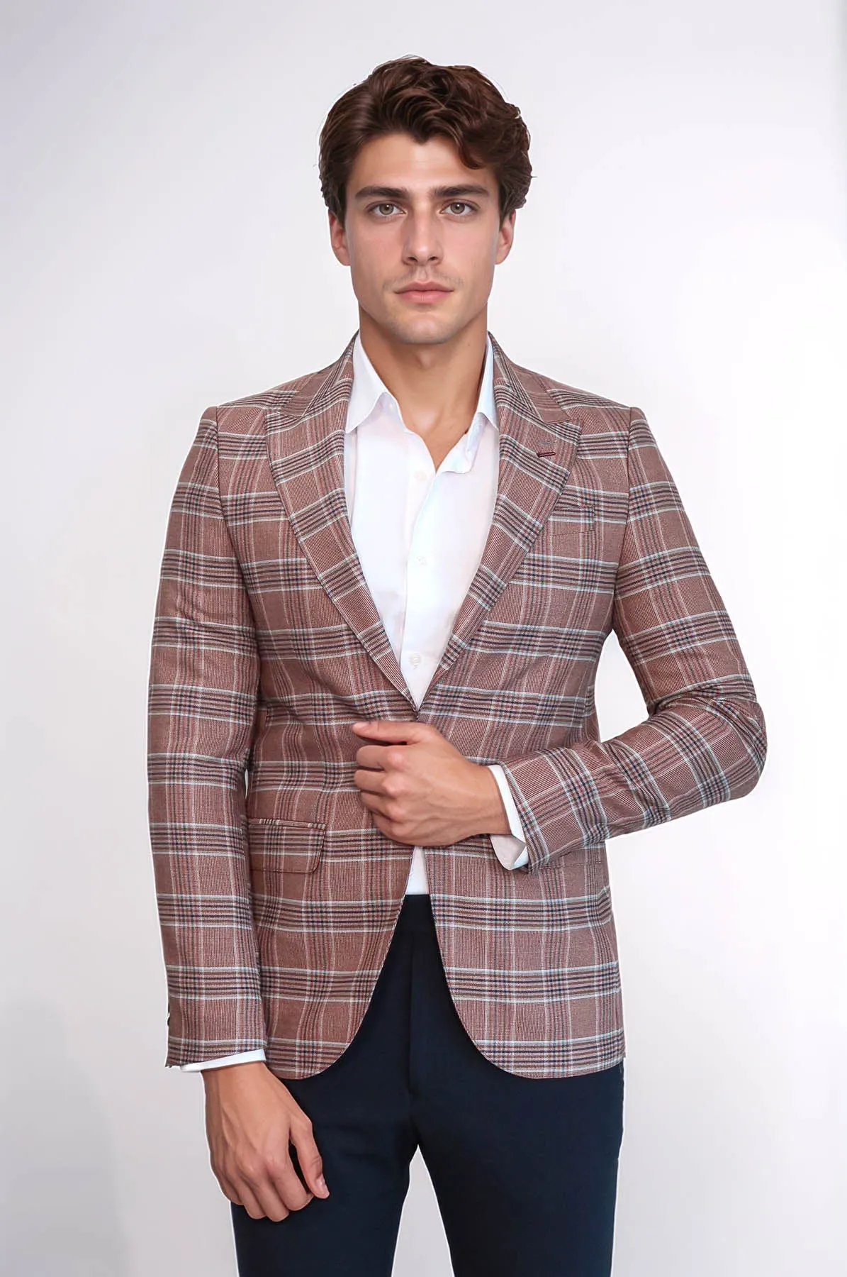 Checked Single Button Burgundy Men Blazer - Wessi