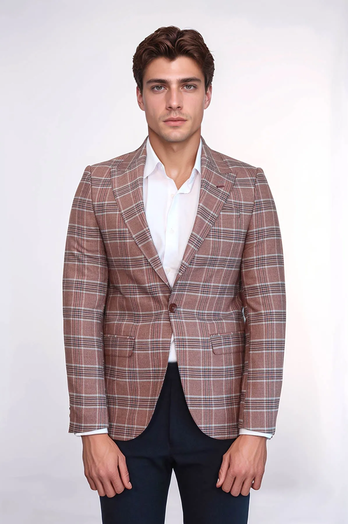 Checked Single Button Burgundy Men Blazer - Wessi