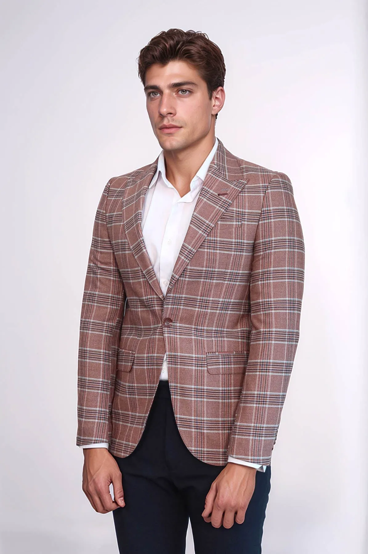 Checked Single Button Burgundy Men Blazer - Wessi