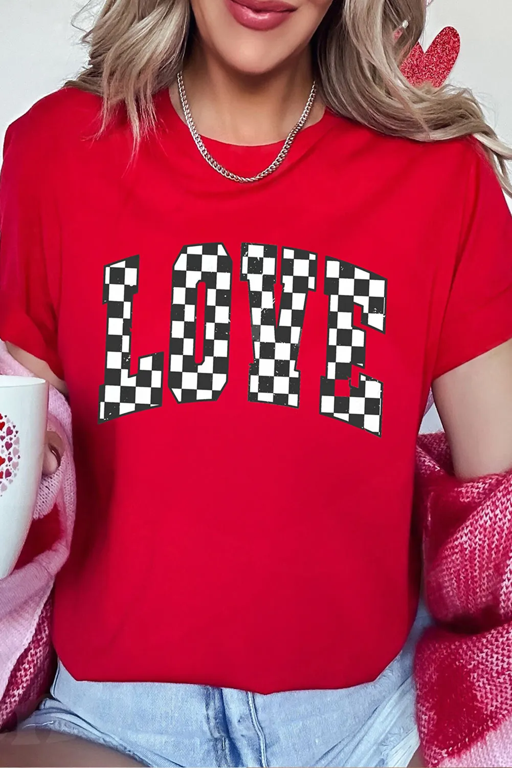 Checkered "LOVE" Red Graphic Valentines T Shirt