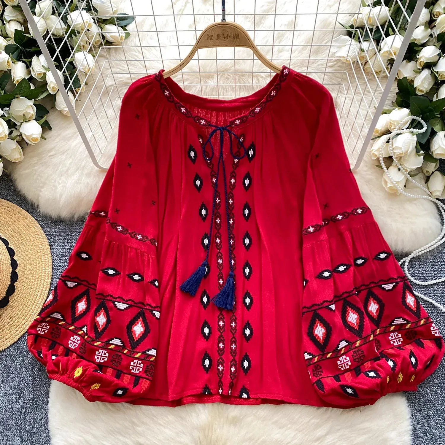 Chic Casual Puff Embroidered Lantern Sleeve Long