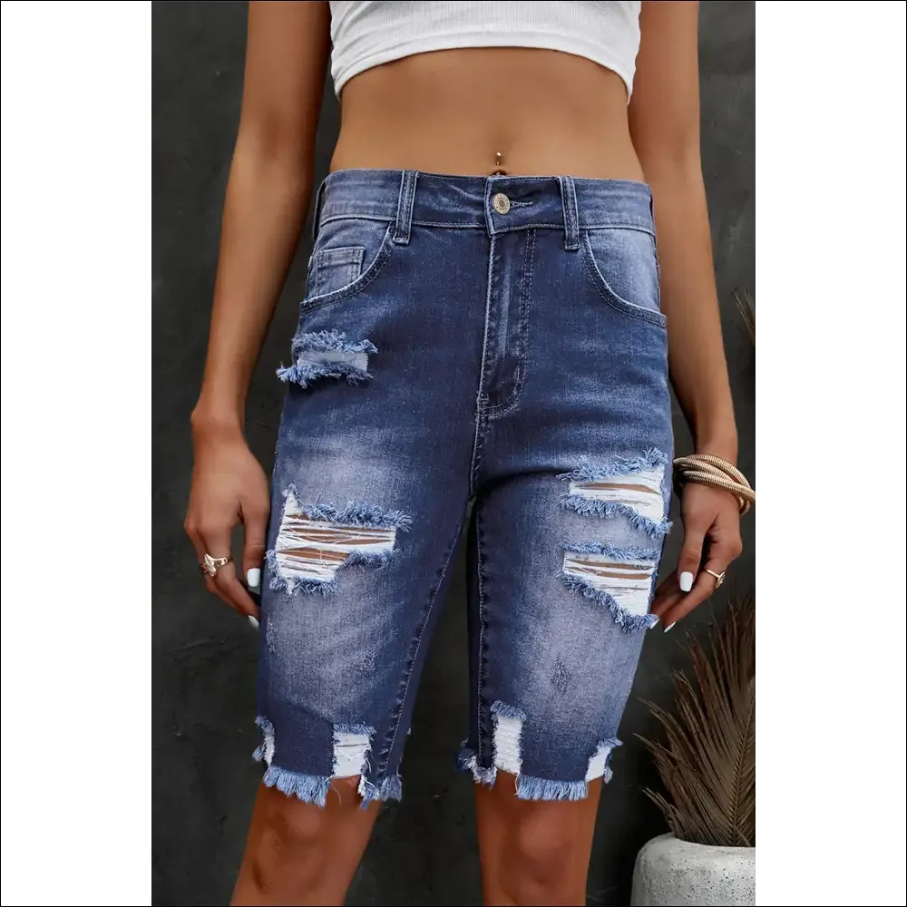 Chic Distressed Frayed Hem Denim Bermuda Shorts