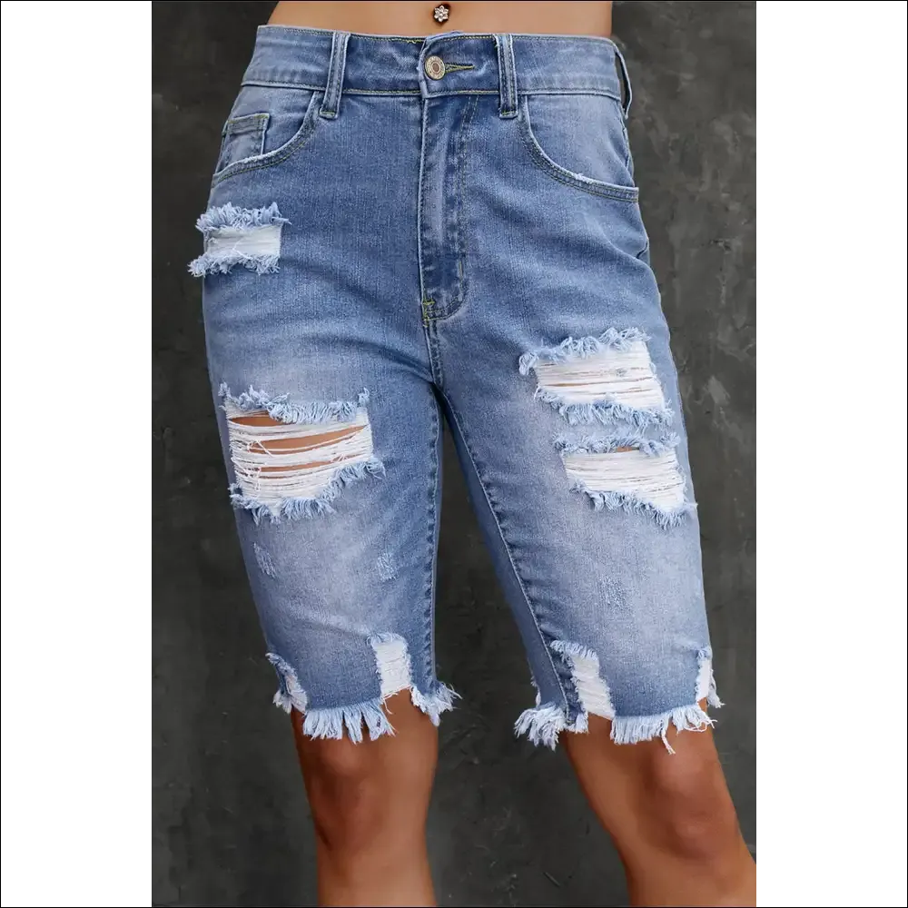 Chic Distressed Frayed Hem Denim Bermuda Shorts