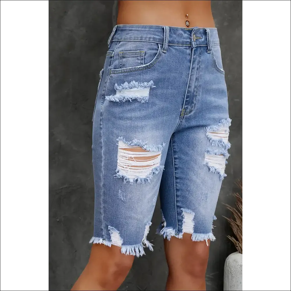 Chic Distressed Frayed Hem Denim Bermuda Shorts