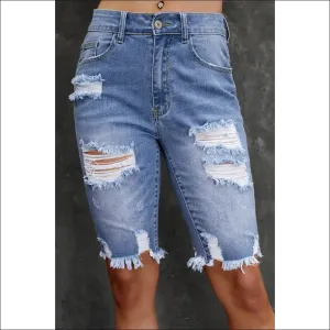 Chic Distressed Frayed Hem Denim Bermuda Shorts