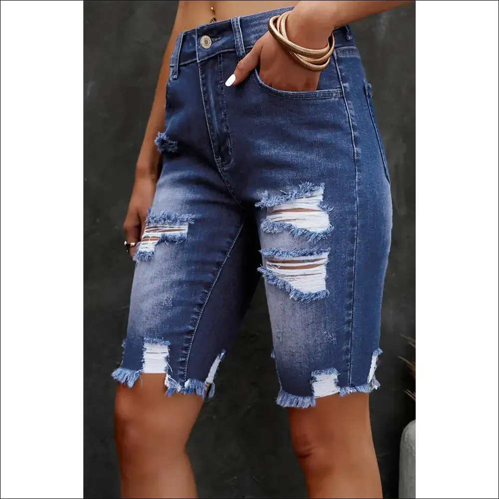 Chic Distressed Frayed Hem Denim Bermuda Shorts