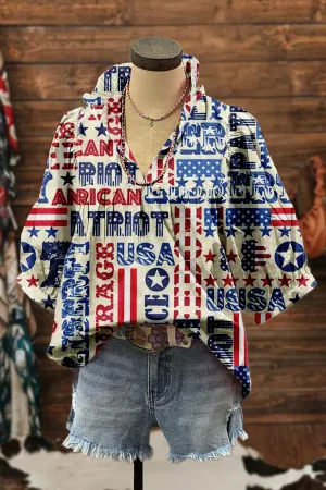 Chic Patriotic Day Print Puff Sleeve Blouse