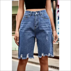 Chic Raw Hem High Waist Denim Shorts with Pockets