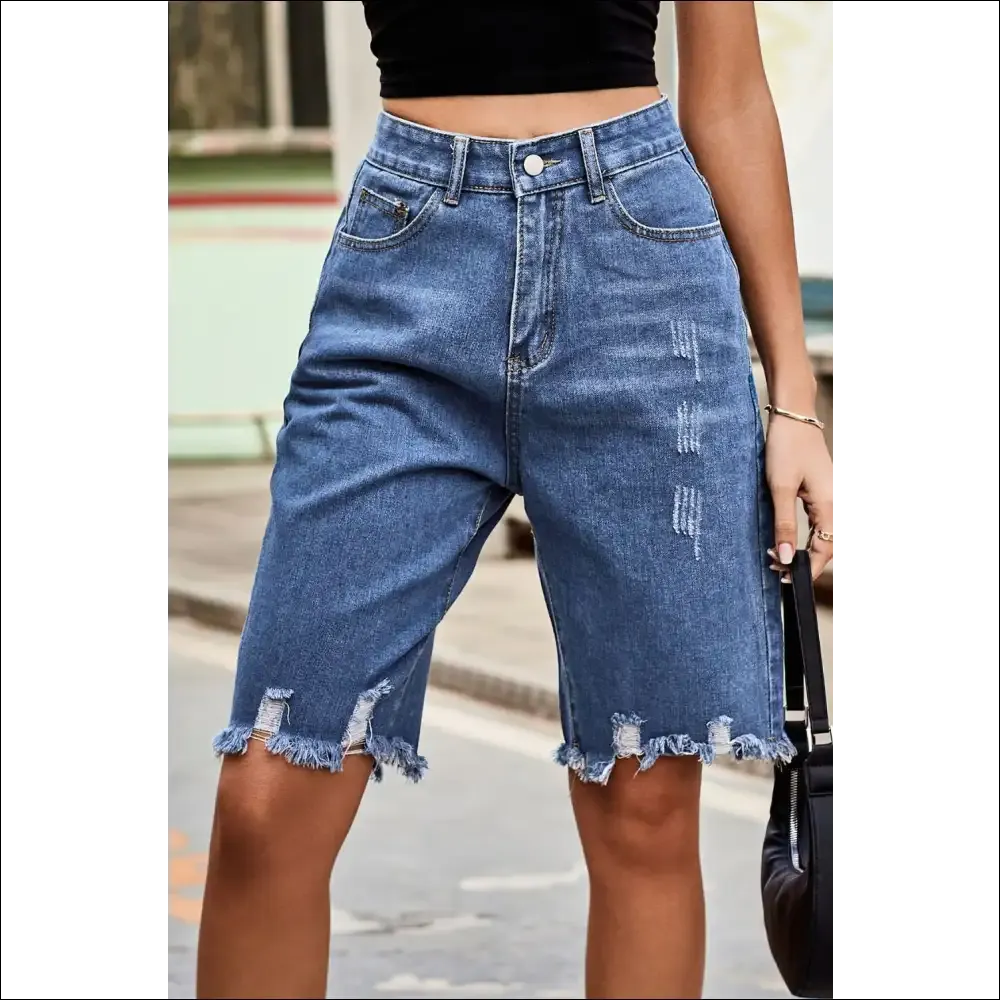 Chic Raw Hem High Waist Denim Shorts with Pockets