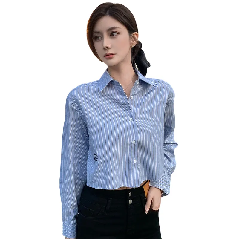 Chic Women's Cropped Long Sleeve Seersucker Shirt with Stripes