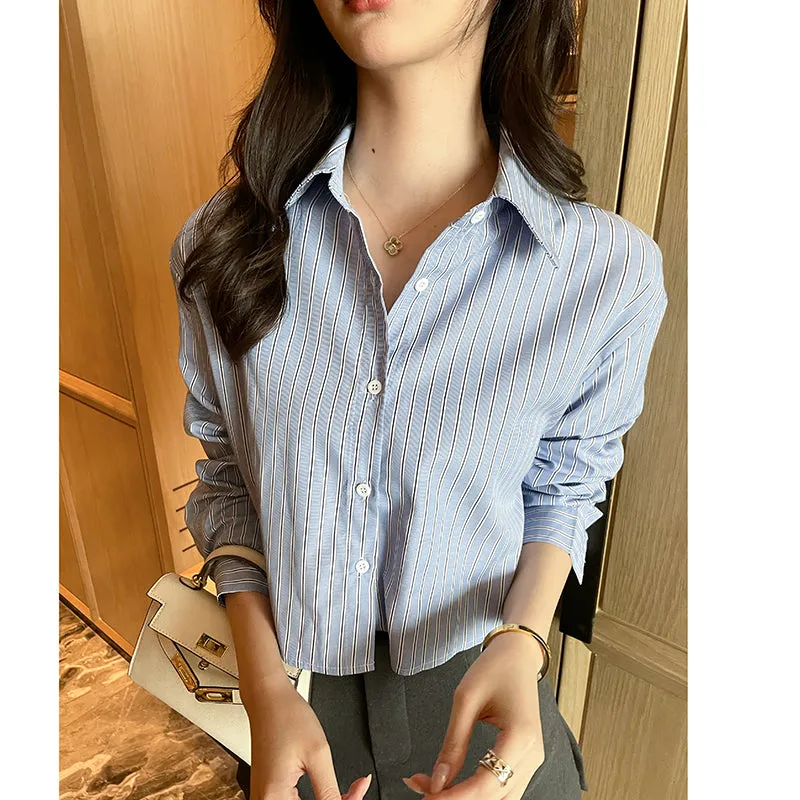 Chic Women's Cropped Long Sleeve Seersucker Shirt with Stripes