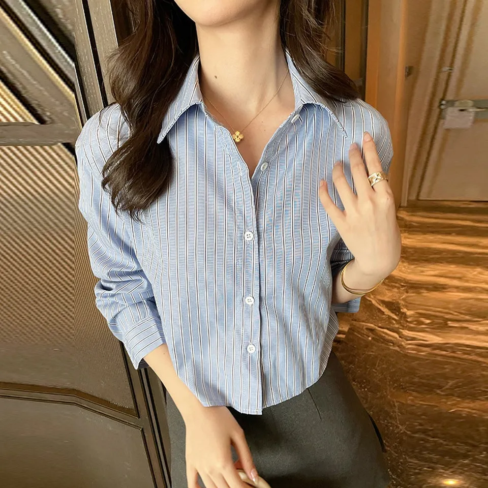 Chic Women's Cropped Long Sleeve Seersucker Shirt with Stripes