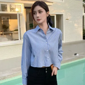 Chic Women's Cropped Long Sleeve Seersucker Shirt with Stripes