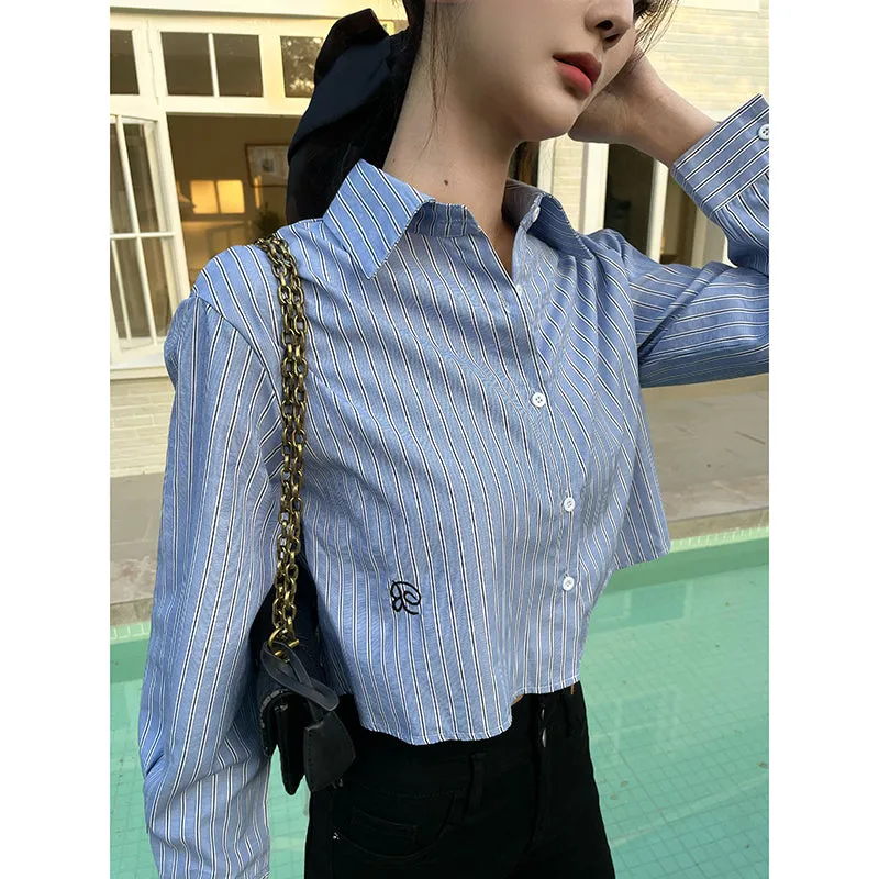Chic Women's Cropped Long Sleeve Seersucker Shirt with Stripes