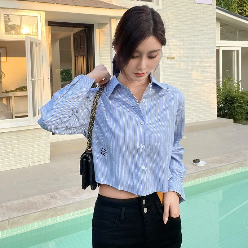 Chic Women's Cropped Long Sleeve Seersucker Shirt with Stripes