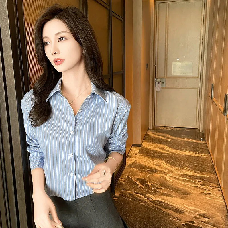 Chic Women's Cropped Long Sleeve Seersucker Shirt with Stripes