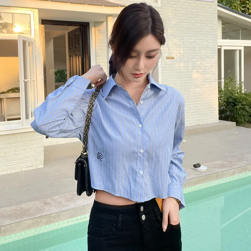 Chic Women's Cropped Long Sleeve Seersucker Shirt with Stripes
