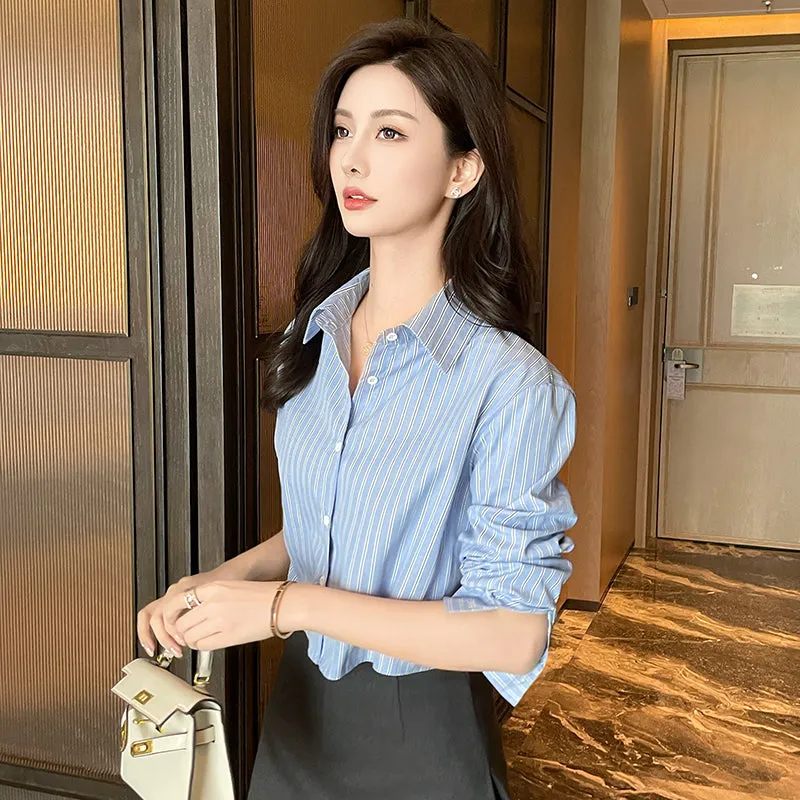 Chic Women's Cropped Long Sleeve Seersucker Shirt with Stripes