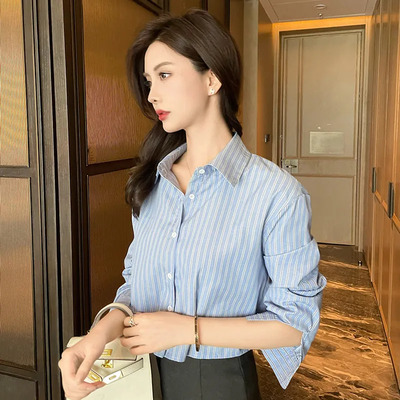 Chic Women's Cropped Long Sleeve Seersucker Shirt with Stripes