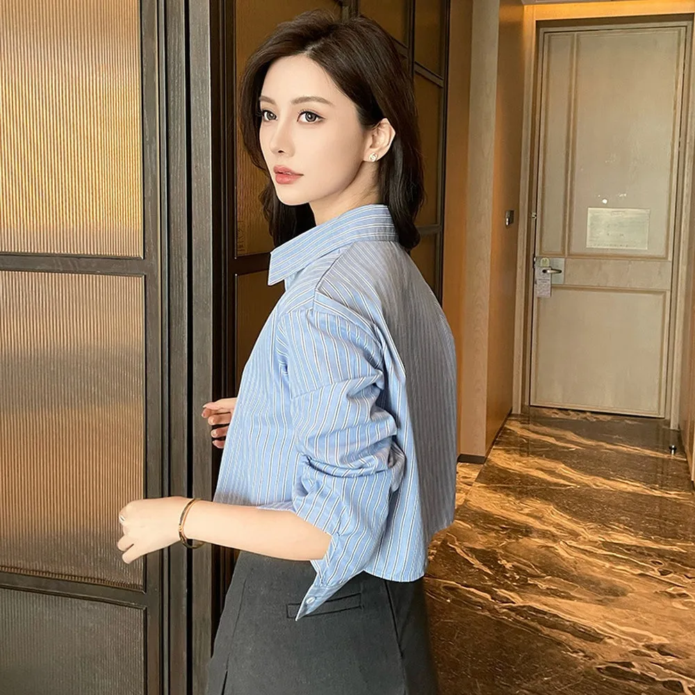 Chic Women's Cropped Long Sleeve Seersucker Shirt with Stripes