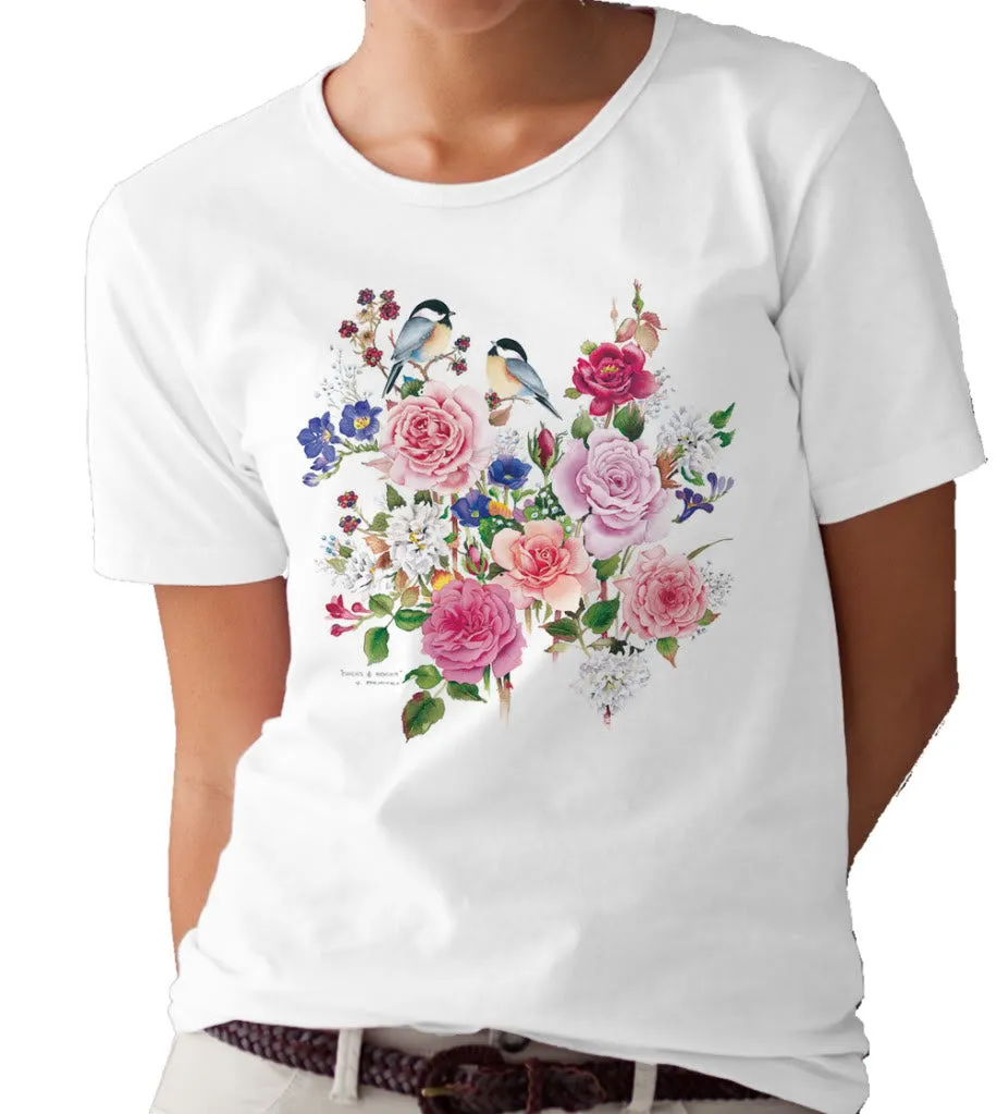Chickadees & Roses T-shirt/tee by Valerie Pfeiffer