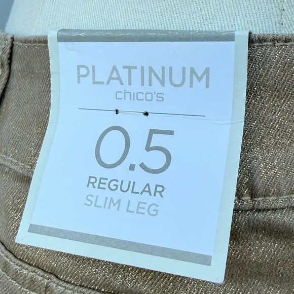 Chico’s REGULAR SLIM LEG GOLD PLATINUM METALLIC JEAN Size 0.5 (6-S)