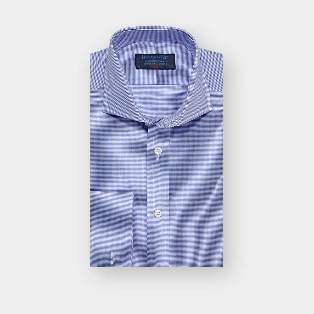 Classic Fit Blue Shepherds Check Cotton Poplin Shirt with Cut-away Collar & Double Cuff