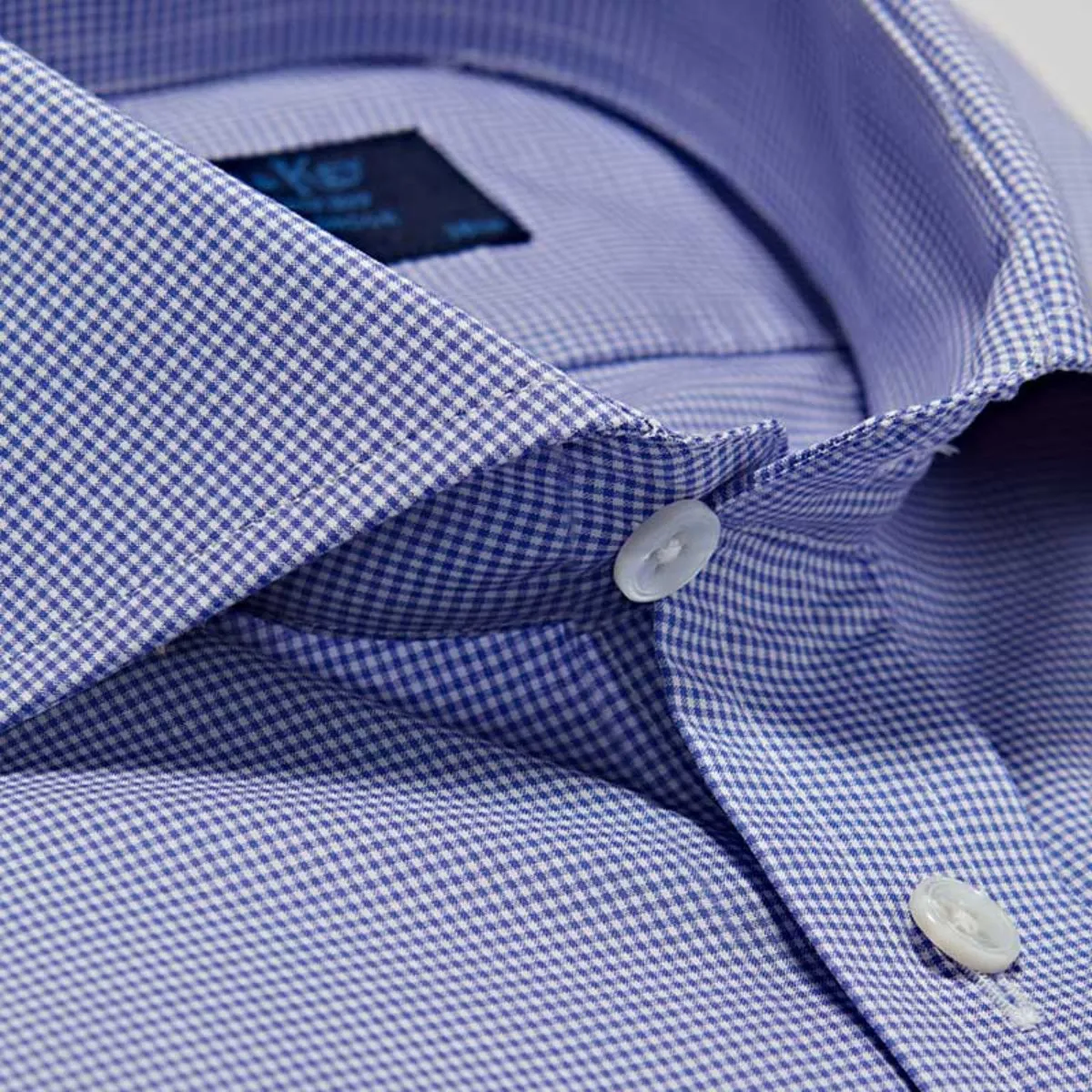 Classic Fit Blue Shepherds Check Cotton Poplin Shirt with Cut-away Collar & Double Cuff