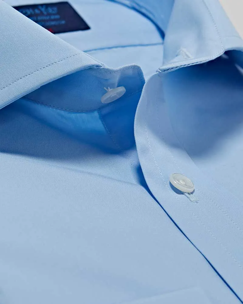 Classic Fit Plain Ice Blue Cotton Poplin Shirt with Cut-away Collar & Double Cuff