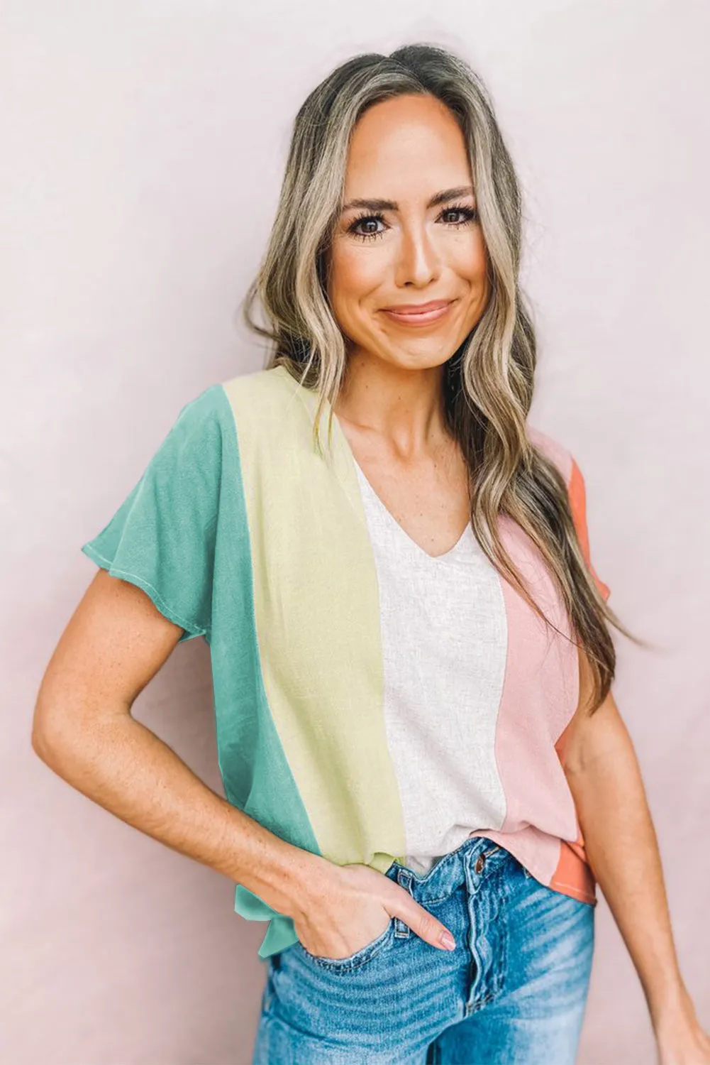 Colorblock V Neck Short Sleeve Top