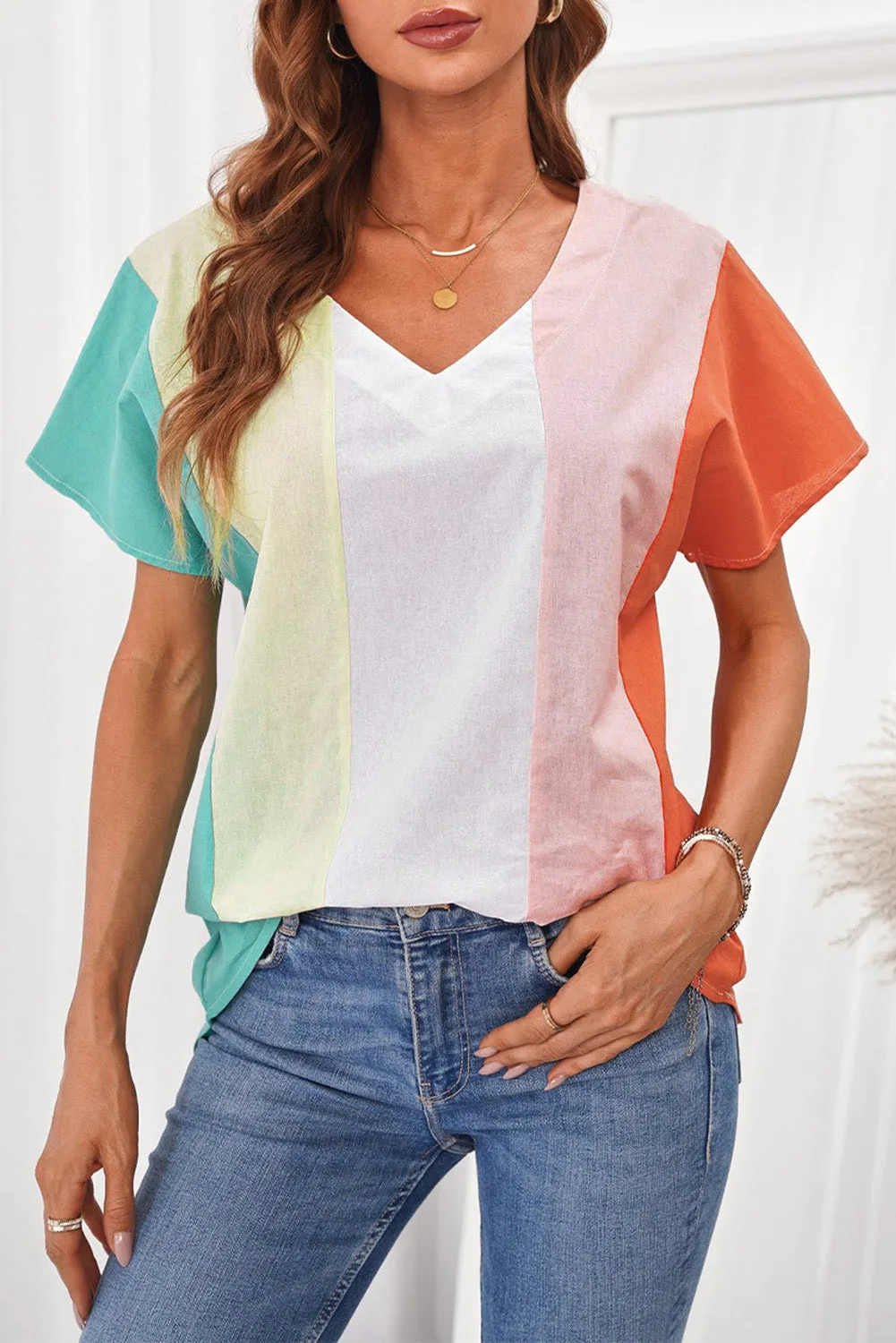 Colorblock V Neck Short Sleeve Top