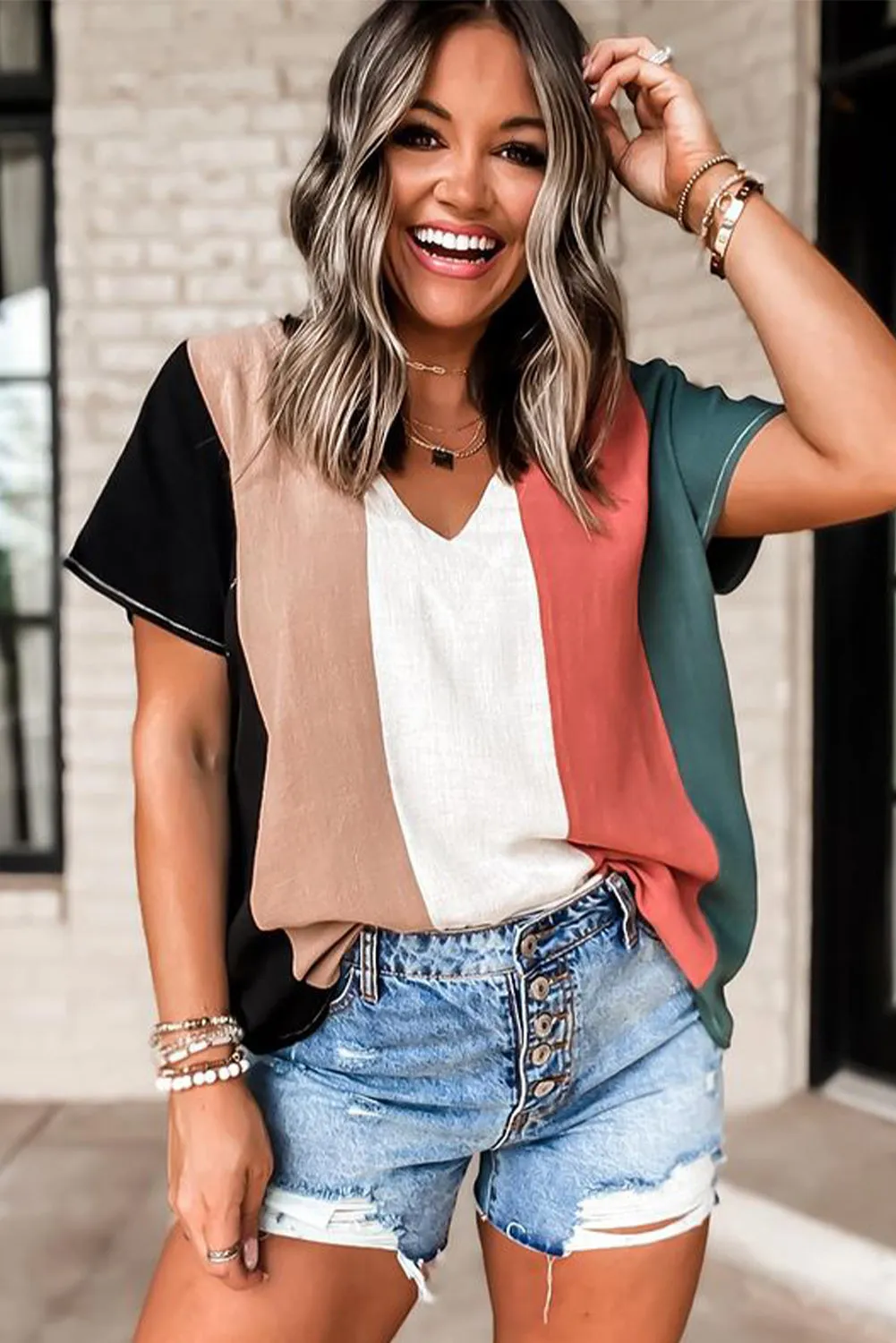 Colorblock V Neck Short Sleeve Top