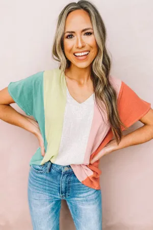 Colorblock V Neck Short Sleeve Top