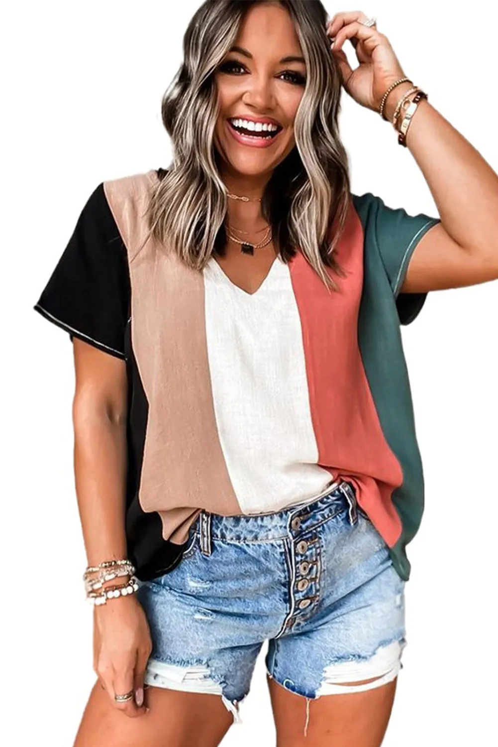 Colorblock V Neck Short Sleeve Top