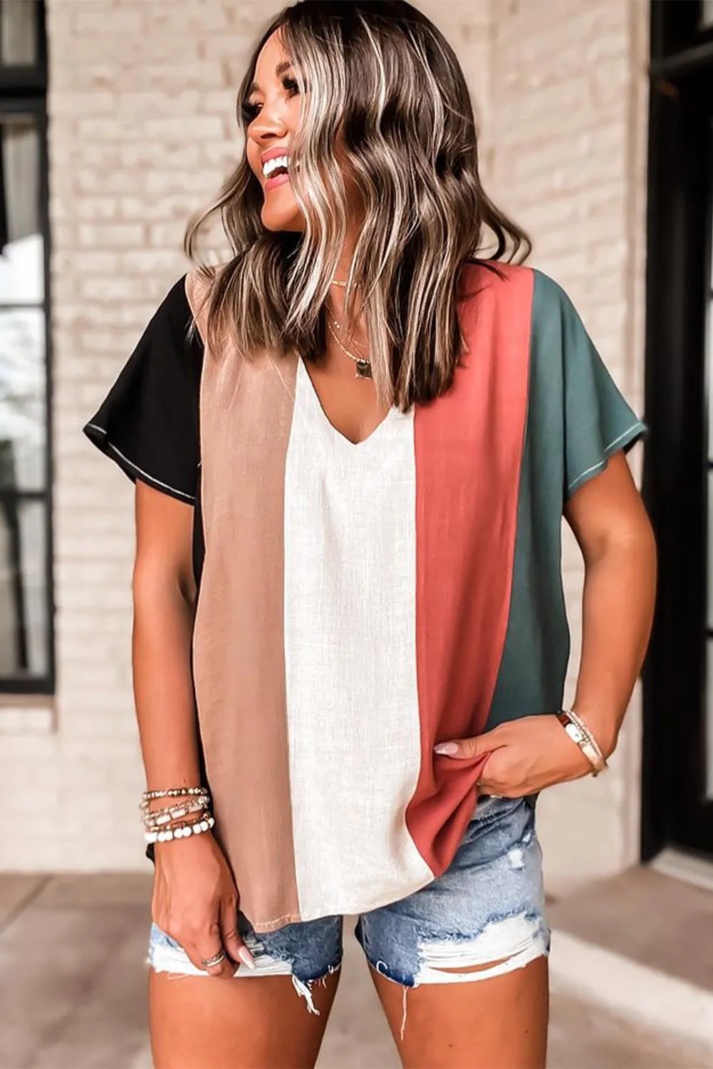 Colorblock V Neck Short Sleeve Top