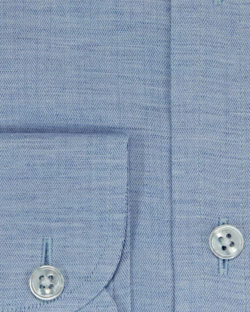 Contemporary Fit, Button Down Collar, 2 Button Cuff Shirt in a Light Blue Fine Herringbone Cotton