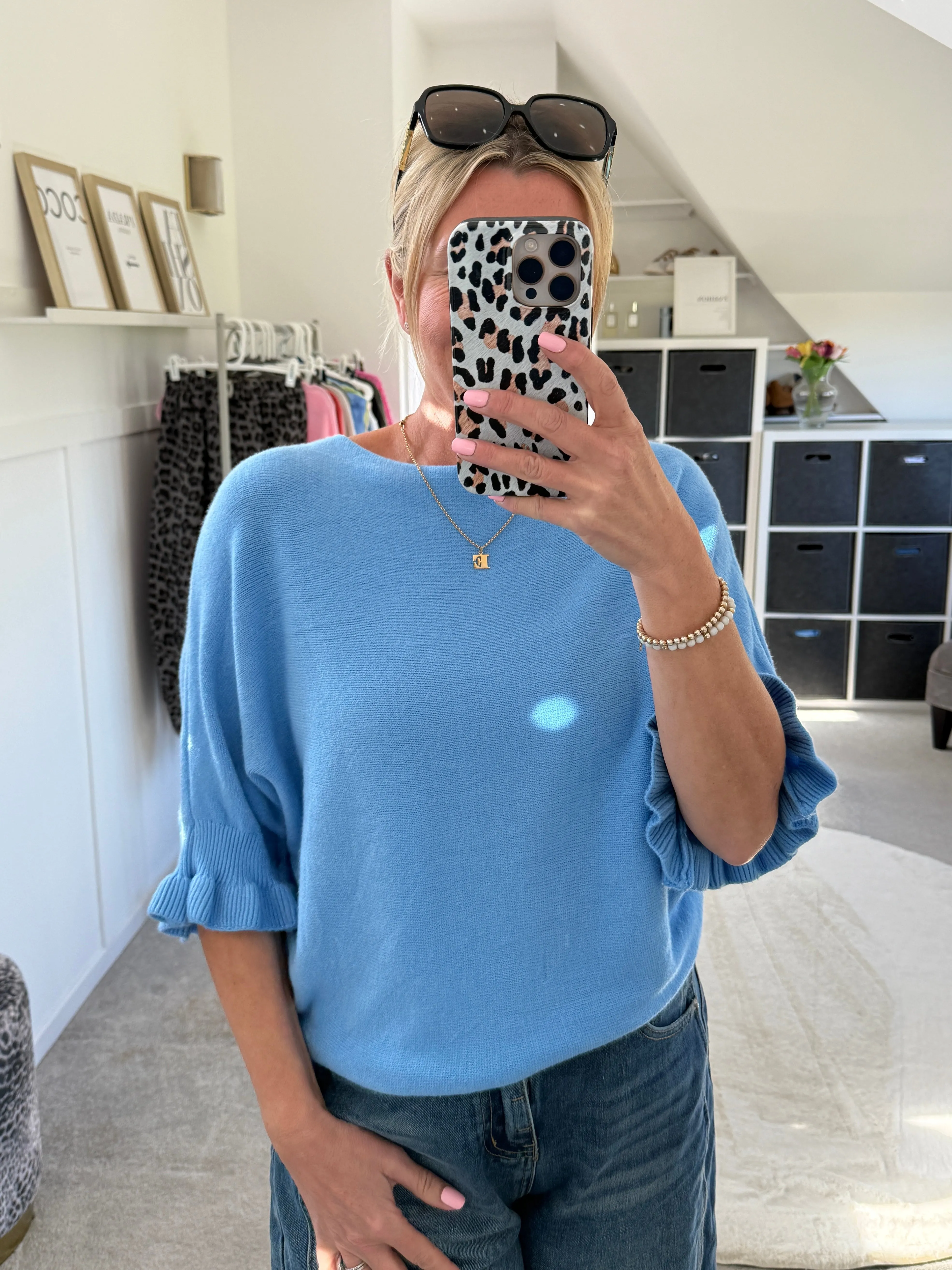Cornflower Blue Frill Sleeve Jumper