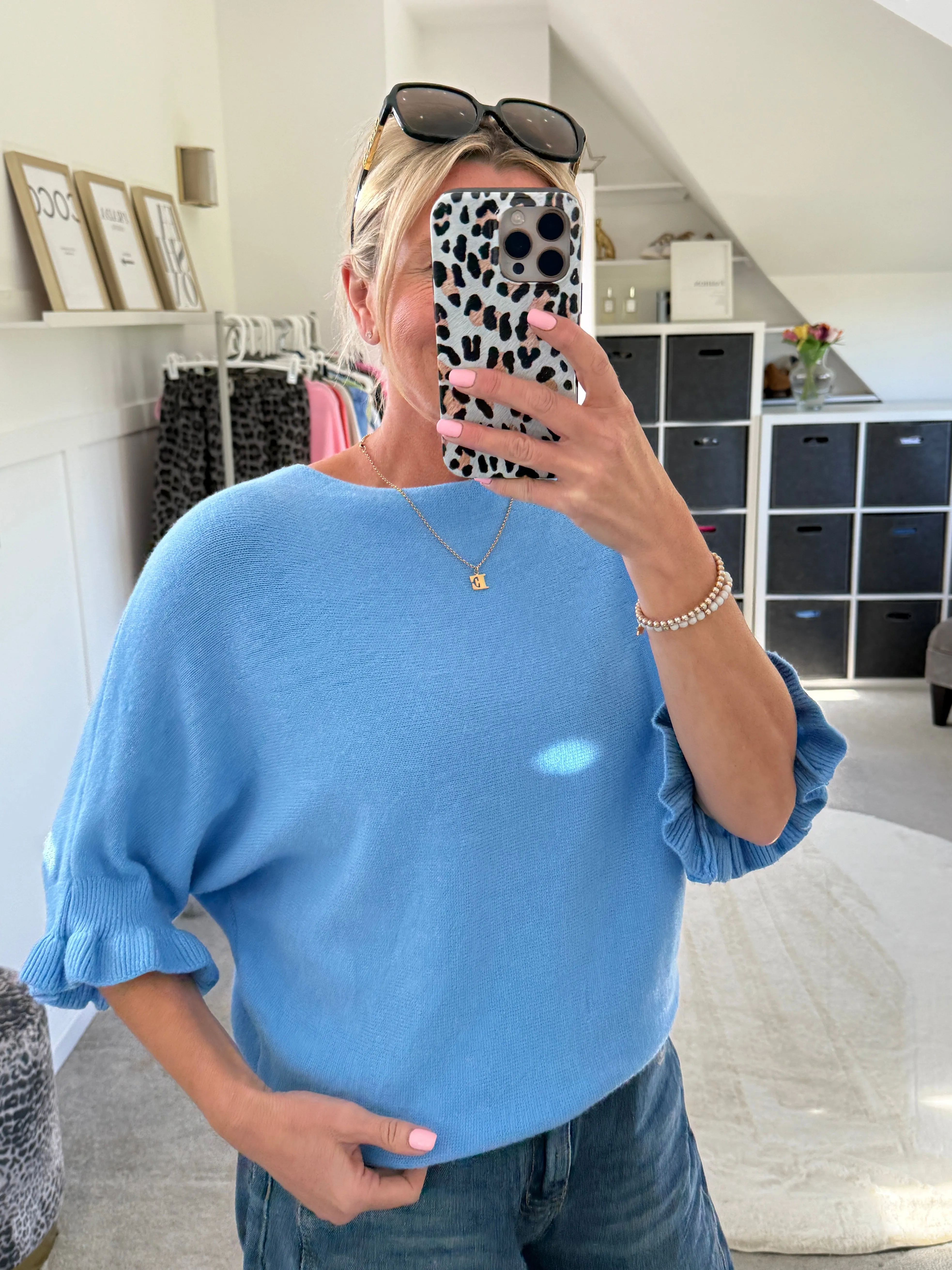 Cornflower Blue Frill Sleeve Jumper
